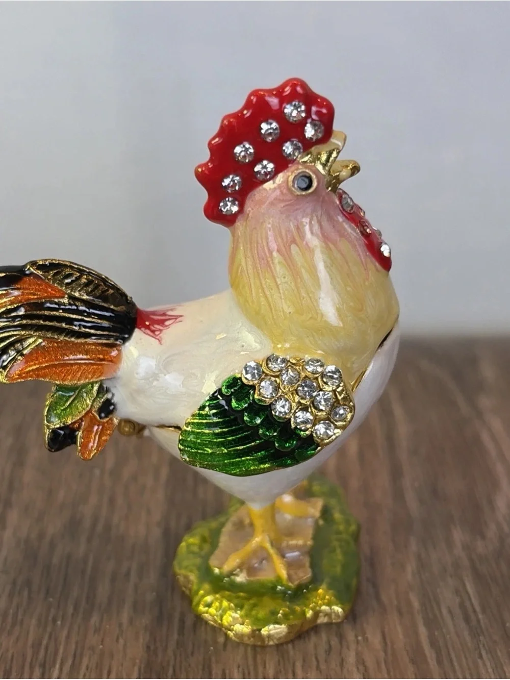 Enamel & Rhinestone Hinged Rooster Jewelry Pill Trinket Box Magnetic Bling